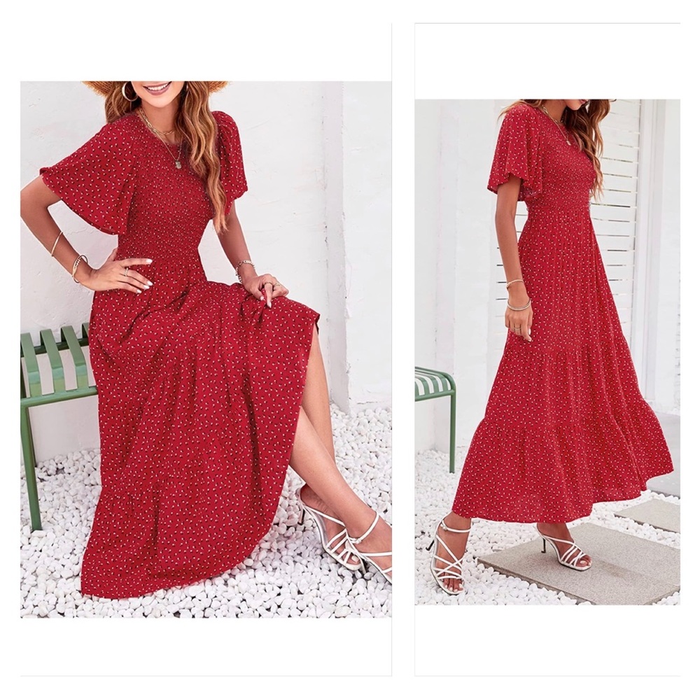 Floral Print Short Flutter Sleeve Crew Neck Smocked High Waist Flowy MaxiDress